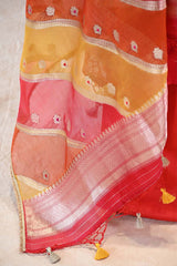 Dupion Silk Suit Set in Red with Gold Zari Buta and Rangkat Organza Dupatta