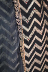 Banarasi Silk Suit Set in Black with Zig-Zag Zari Stripes