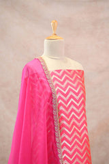 Banarasi Silk Suit Set in Pink with Zig-Zag Zari Stripes