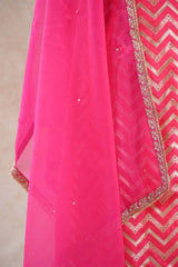 Banarasi Silk Suit Set in Pink with Zig-Zag Zari Stripes