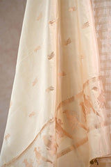 Cream Dupion Silk Suit Set with Gold Zari Checks Banarasi Dupatta