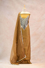 True Mustard Katan Silk Suit Set with Designer Woven Yoke