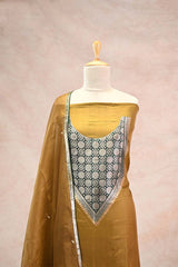 True Mustard Katan Silk Suit Set with Designer Woven Yoke