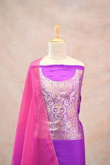 Purple Katan Silk Dress Material with Shaded Organza Dupatta