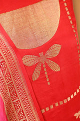 Red Banarasi Silk Suit Set with Dragonfly Motifs