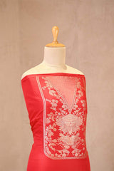 Red Banarasi Katan Silk Suit Set with Floral Gold Zari Weaving