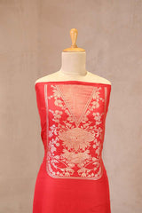 Red Banarasi Katan Silk Suit Set with Floral Gold Zari Weaving