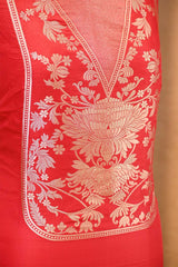 Red Banarasi Katan Silk Suit Set with Floral Gold Zari Weaving