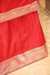 Red Banarasi Katan Silk Suit Set with Floral Gold Zari Weaving