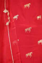 Red Chiniya Silk Suit Set with Ashva Motifs & Gold Embellished Dupatta