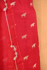 Red Chiniya Silk Suit Set with Ashva Motifs & Gold Embellished Dupatta
