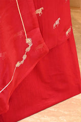 Red Chiniya Silk Suit Set with Ashva Motifs & Gold Embellished Dupatta