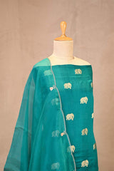Teal Blue Chiniya Silk Suit Set with Gaja Motifs & Gold Embellished Dupatta