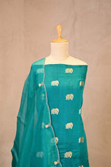 Teal Blue Chiniya Silk Suit Set with Gaja Motifs & Gold Embellished Dupatta