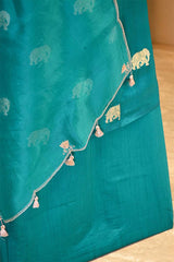 Teal Blue Chiniya Silk Suit Set with Gaja Motifs & Gold Embellished Dupatta