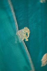 Teal Blue Chiniya Silk Suit Set with Gaja Motifs & Gold Embellished Dupatta