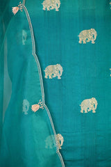 Teal Blue Chiniya Silk Suit Set with Gaja Motifs & Gold Embellished Dupatta