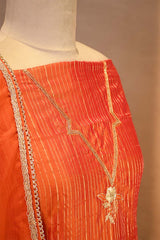 Orange Katan Silk Unstitched Suit Set with Zari Stripes & Organza Dupatta