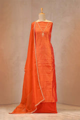 Orange Katan Silk Unstitched Suit Set with Zari Stripes & Organza Dupatta
