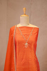 Orange Katan Silk Unstitched Suit Set with Zari Stripes & Organza Dupatta