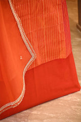 Orange Katan Silk Unstitched Suit Set with Zari Stripes & Organza Dupatta
