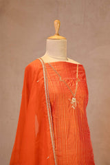Orange Katan Silk Unstitched Suit Set with Zari Stripes & Organza Dupatta