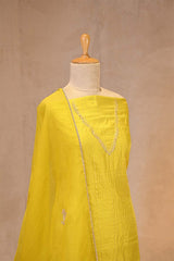 Lemon Yellow Katan Silk Unstitched Suit Set with Zari Stripes & Organza Dupatta