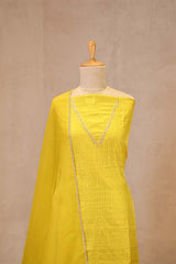 Lemon Yellow Katan Silk Unstitched Suit Set with Zari Stripes & Organza Dupatta