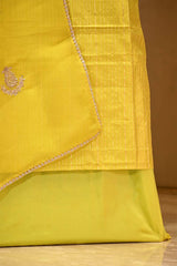 Lemon Yellow Katan Silk Unstitched Suit Set with Zari Stripes & Organza Dupatta