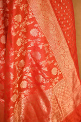 Orange Banarasi Silk Suit Set with Gold Zari Woven Buti & Katan Silk Dupatta