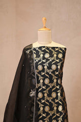 Black Banarasi Silk Suit Set with Gold & Silver Zari and Organza Dupatta