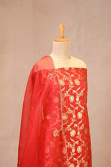 Red Banarasi Silk Suit Set with Gold & Silver Zari and Organza Dupatta