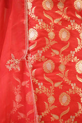 Red Banarasi Silk Suit Set with Gold & Silver Zari and Organza Dupatta