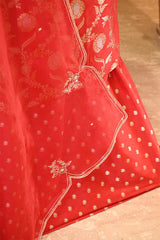 Red Banarasi Silk Suit Set with Gold & Silver Zari and Organza Dupatta