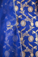 Royal Blue Banarasi Silk Suit Set with Gold & Silver Zari and Organza Dupatta