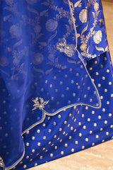Royal Blue Banarasi Silk Suit Set with Gold & Silver Zari and Organza Dupatta