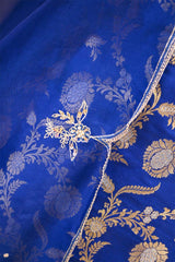 Royal Blue Banarasi Silk Suit Set with Gold & Silver Zari and Organza Dupatta