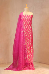 Fuchsia Pink Banarasi Silk Suit Set with Gold & Silver Zari and Organza Dupatta
