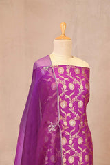 Magenta Banarasi Silk Suit Set with Gold & Silver Zari and Organza Dupatta