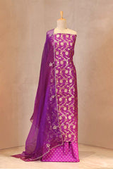 Magenta Banarasi Silk Suit Set with Gold & Silver Zari and Organza Dupatta