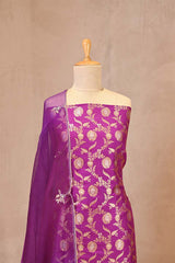 Magenta Banarasi Silk Suit Set with Gold & Silver Zari and Organza Dupatta