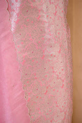 Baby Pink Banarasi Silk Unstitched Suit Set with Organza Dupatta