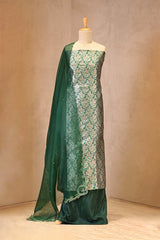 Green Banarasi Silk Unstitched Suit Set with Organza Dupatta