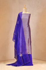 Purple Banarasi Katan Silk Unstitched Suit Set with Organza Dupatta