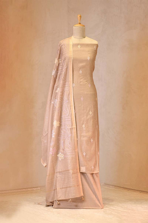 Apricot Brown Mulmul Cotton Suit Set with Leaf Applique & Floral Dupatta