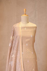 Apricot Brown Mulmul Cotton Suit Set with Leaf Applique & Floral Dupatta