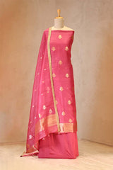 Pink Organza Silk Suit Set with Gold Zari Floral Buta & Chanderi Bottom