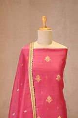 Pink Organza Silk Suit Set with Gold Zari Floral Buta & Chanderi Bottom