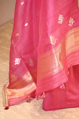 Pink Organza Silk Suit Set with Gold Zari Floral Buta & Chanderi Bottom