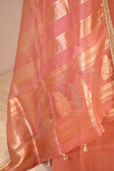 Peach Organza Silk Suit Set with Gold & Silver Zari Floral Buti